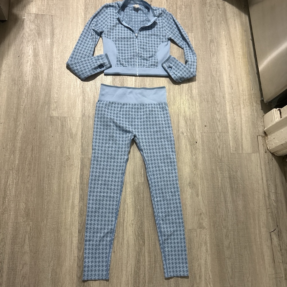 Fashion Nova Light Blue Houndstooth Leggings Set
